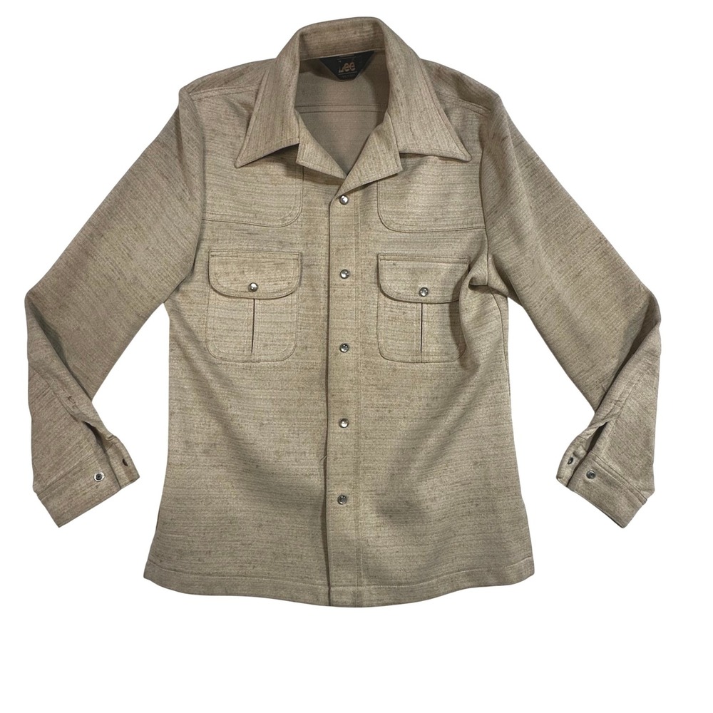 Vintage 70s Lee Men‎ Tan Textured Knit Pearl Snap Front Shirt Made in USA Size L
